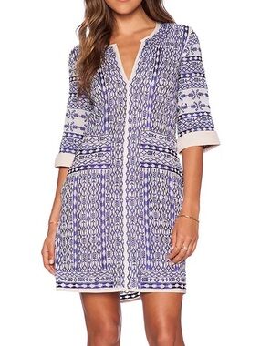 Love Sam Blue & White Embroidered V Neck Tunic Cover up Dress size XS